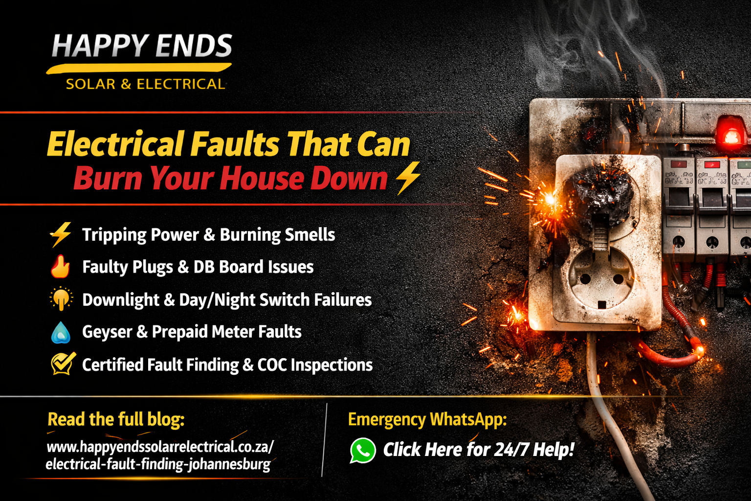 Promotional Facebook poster for Happy Ends Solar & Electrical showing electrical hazards like burnt sockets and circuit sparks, with urgent yellow and red text warning about common electrical faults and emergency contact details.